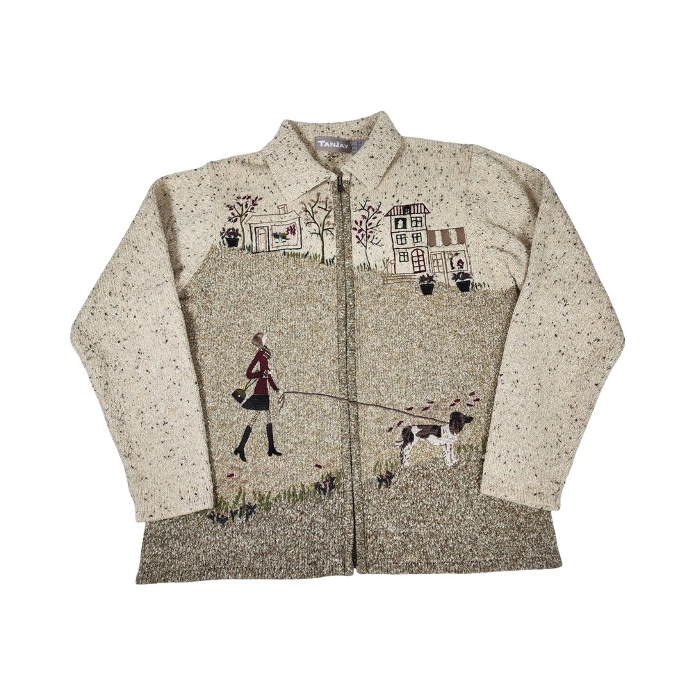 Vintage Tanjay Womens Beige Novelty Zip Cardigan Sweater Dog Walker Size S